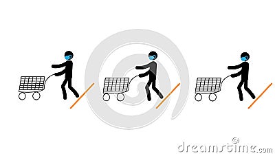 Banner. Stick man in a medical mask from the virus. People with a shopping cart while waiting in line or queue, kept at a distance Vector Illustration